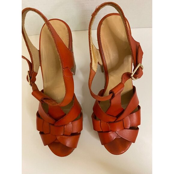 Spanish Leather Stacked Heel Women US 10.5 Sunburst Orange Sandals w/Ankle Strap - Picture 10 of 13